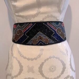 Vintage Glass Beaded Multicolored Glam Waist Belt Velcro Closure Adjustable